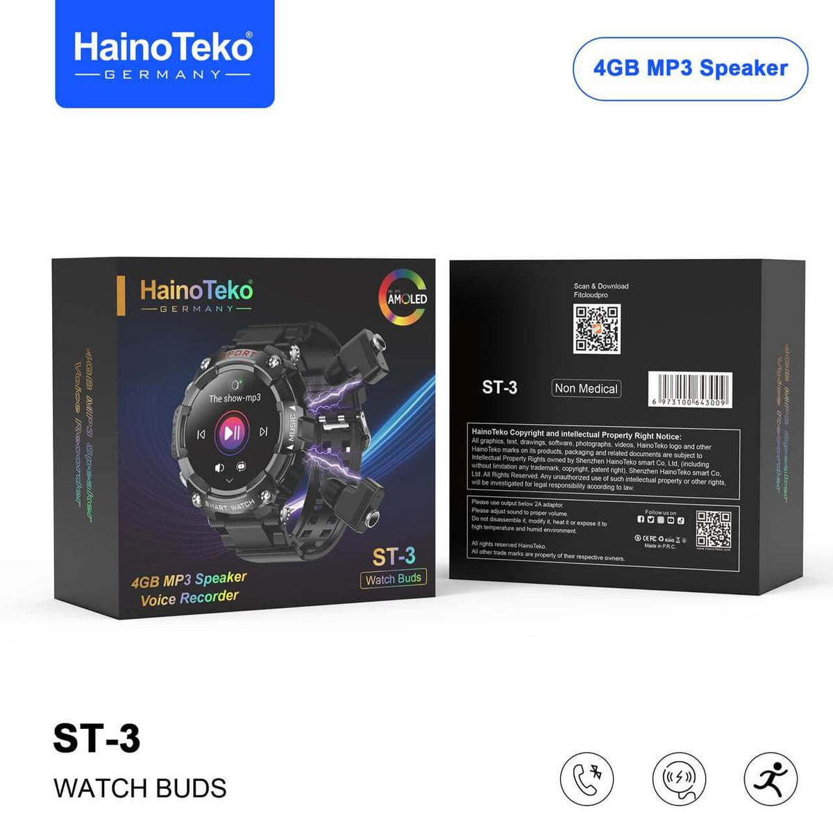 HainoTeko ST-3 Watch Buds 4GB MP3 Speaker retail packaging shown front and back on a white background, with the brand logo at top left and a blue '4GB MP3 Speaker' callout at top right.