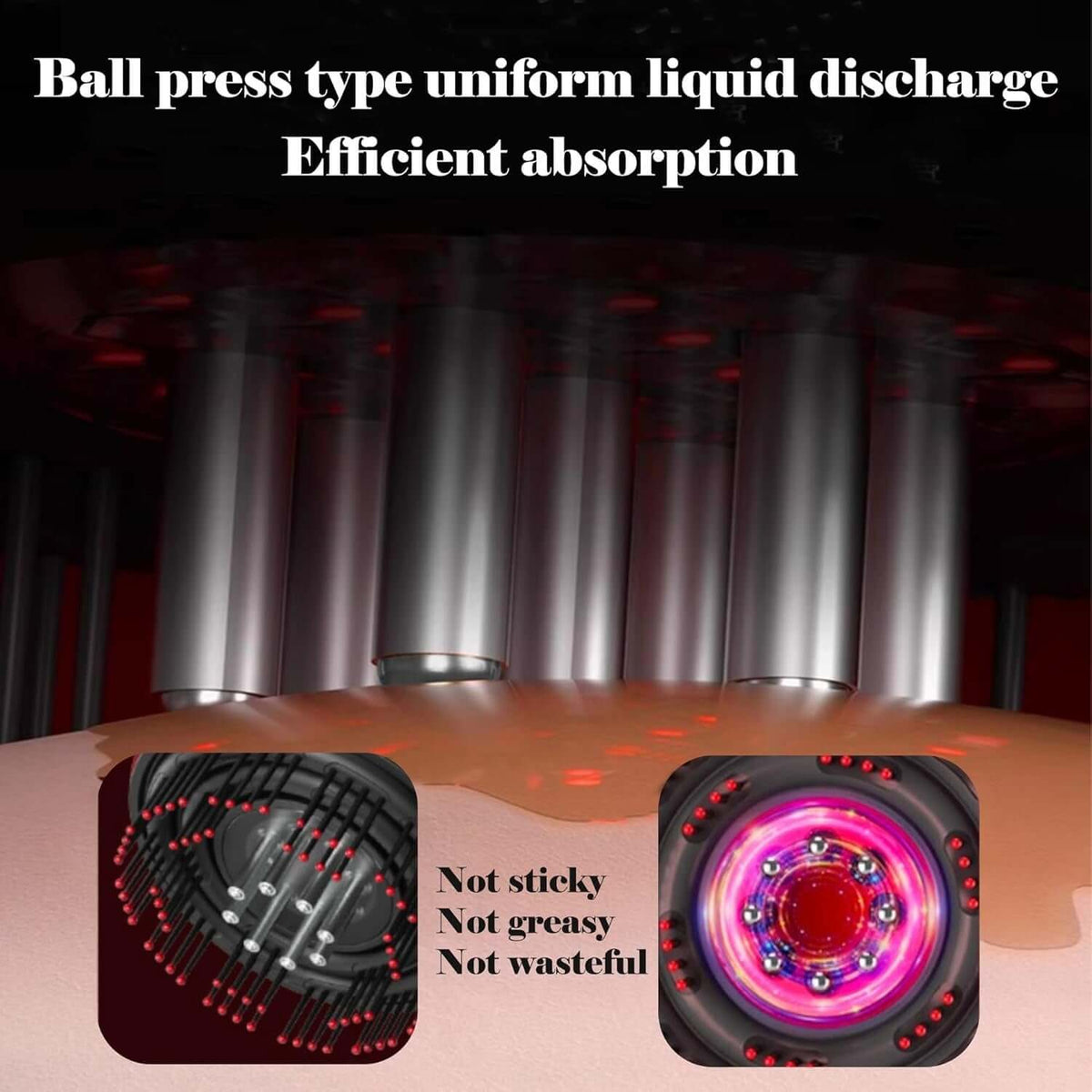 Ball press type uniform liquid discharge system with text and close-up insets on a dark background.. scalp massager for relaxation