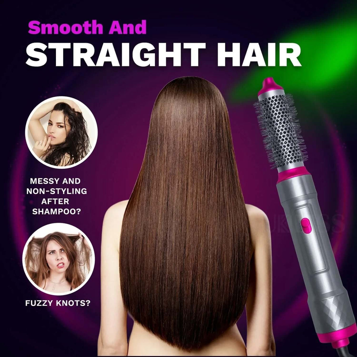 Hair straightening tool with a woman showing before and after hair conditions on a purple background