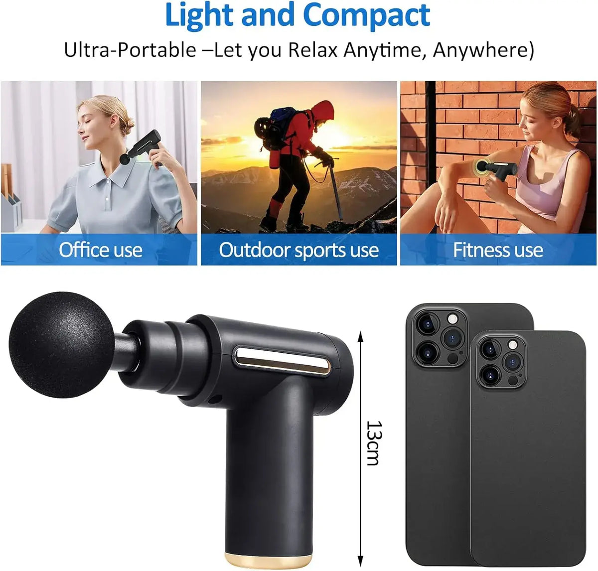 Portable massage gun with images of people using it in various settings, size comparison with a phone, and text about portability.