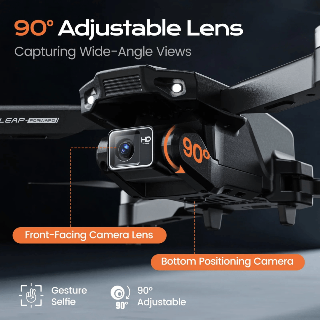 Camera with adjustable lens and front-facing camera lens on a dark background
