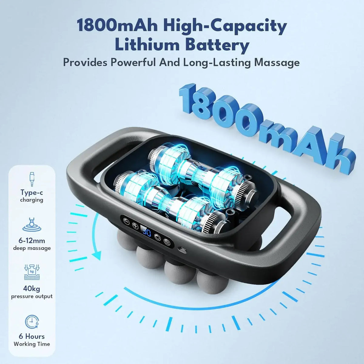 Massage device with 1800mAh high-capacity lithium battery on a light blue background