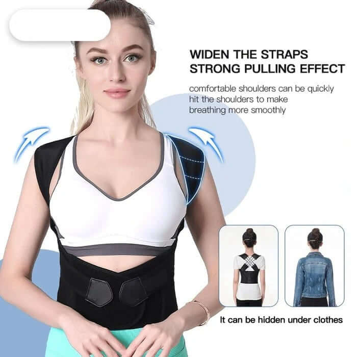 Woman wearing a black posture corrector with text on a white background