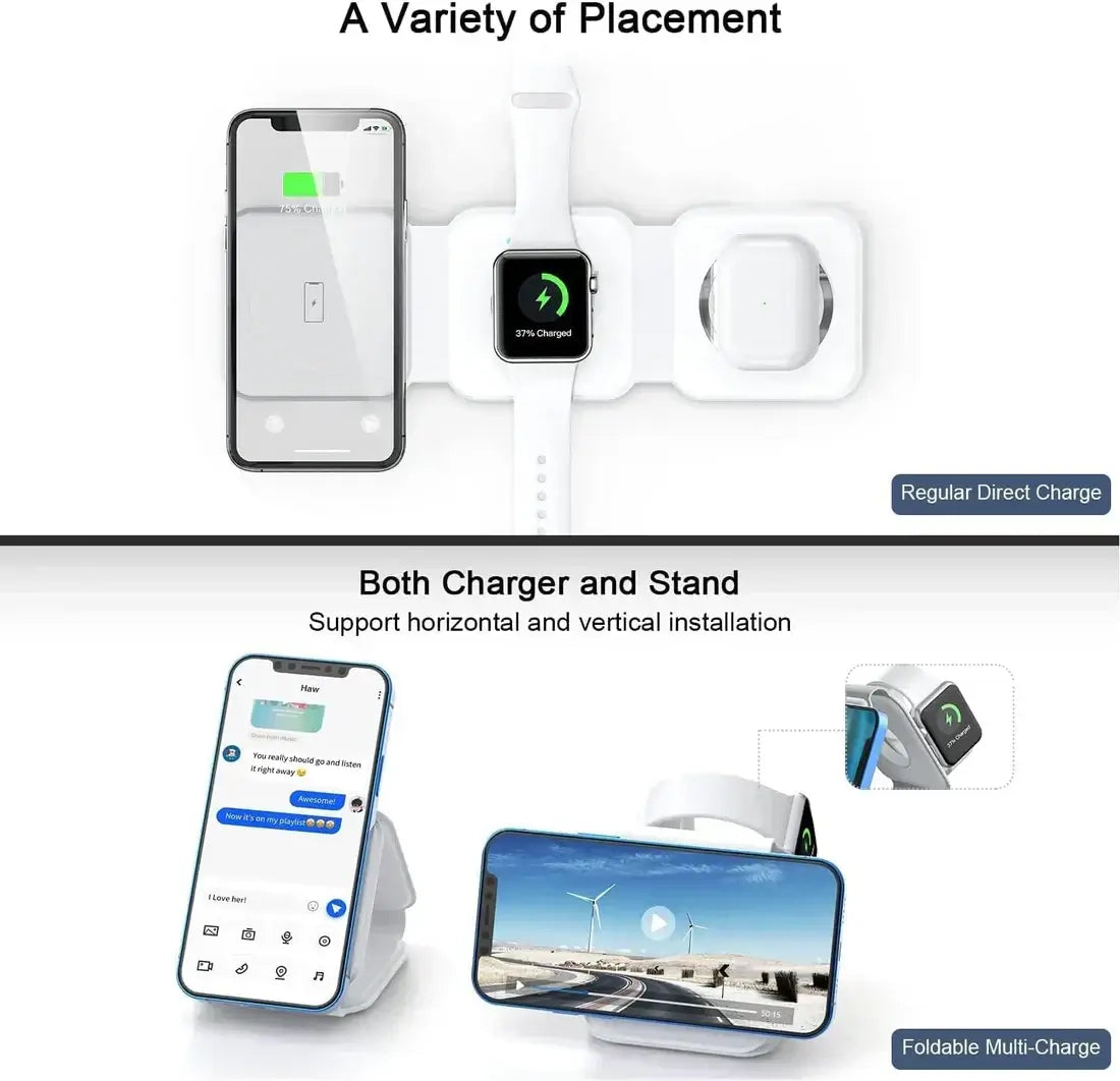 Various devices charging on a stand with text indicating different placement options and features.