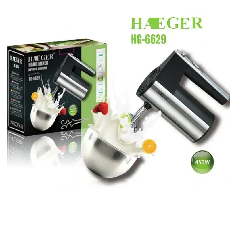 Hand mixer with packaging and HAeger branding on a white background