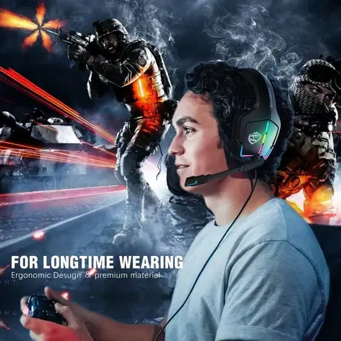 Gaming Headset RGB Wired Computer Headset PS4 Headset in use for gaming with ergonomic design for comfort.