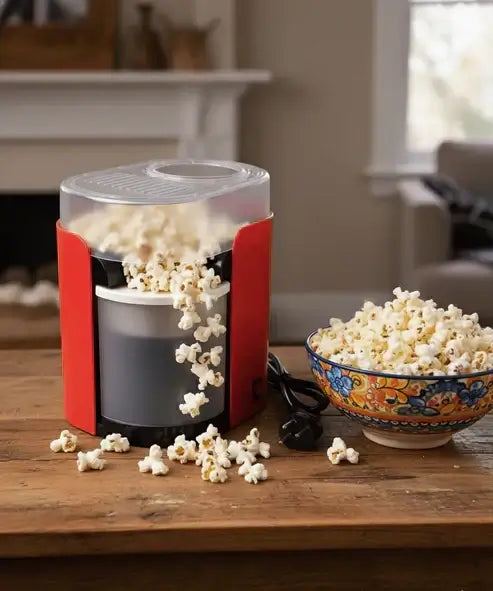 Popcorn maker with popcorn spilling out onto a wooden table, next to a bowl of popcorn.