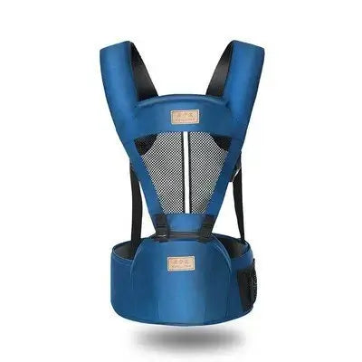 Blue baby carrier with black straps on a white background