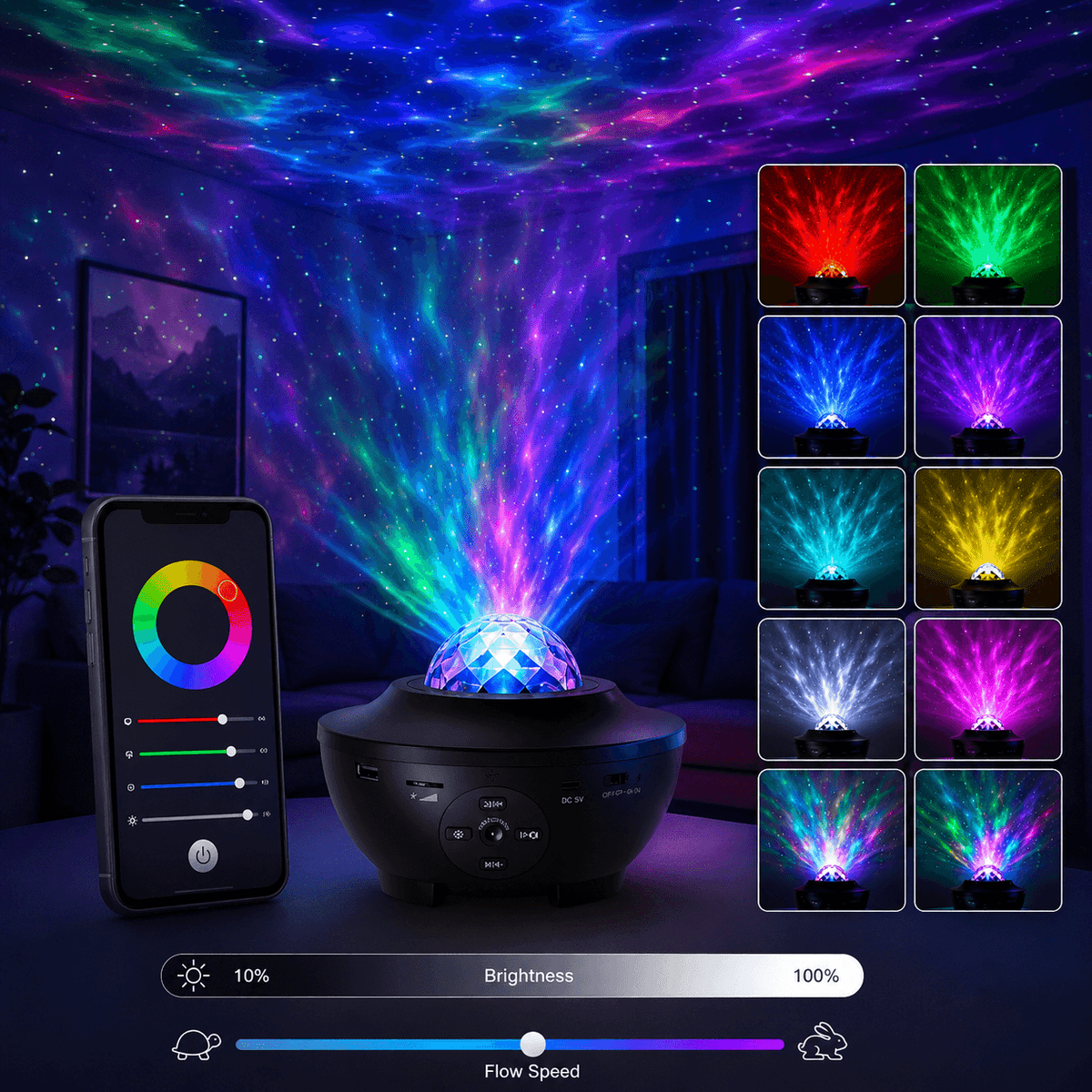A black galaxy projector lamp on a table, casting colorful starry light beams across a dark living room ceiling. A smartphone app screen is shown beside it, and a grid of 12 color-and-pattern options appears on the right.