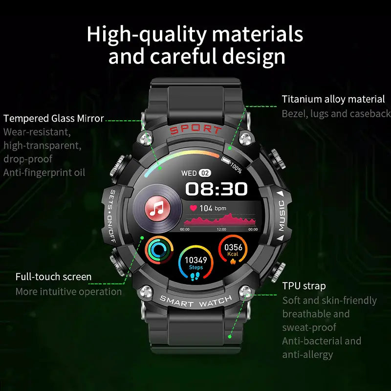 Black smartwatch with music player interface on display, featuring Super AMOLED branding.