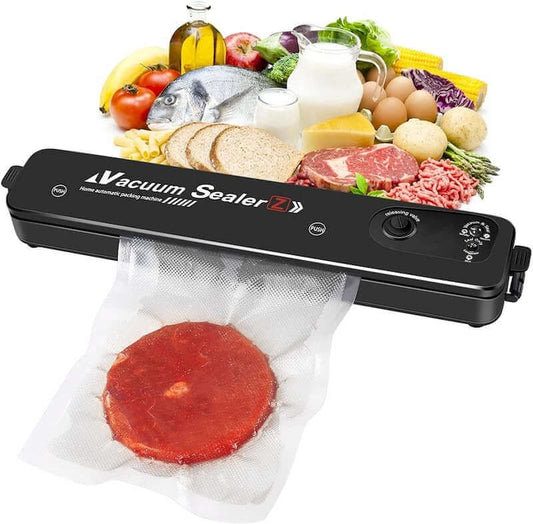 Vacuum sealer with a piece of meat being vacuum-sealed, surrounded by various food items on a white background.