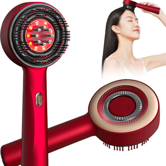 Red hair dryer with a close-up of its design on a white background. scalp massager for relaxation