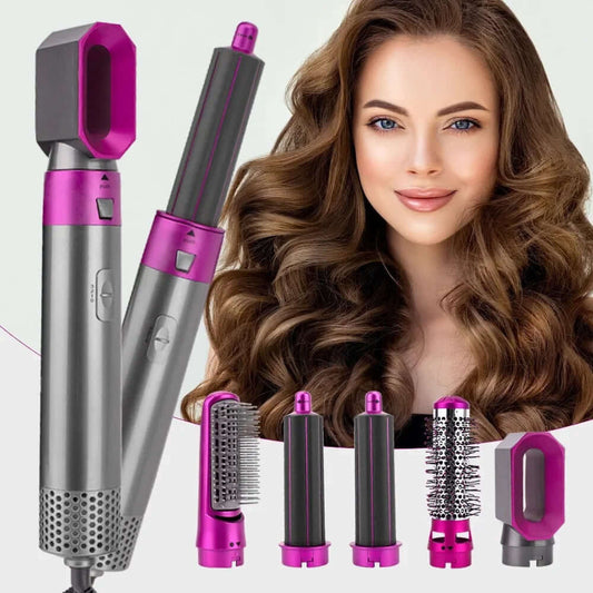 Hair styling tool with interchangeable attachments and a model with styled hair on a white background