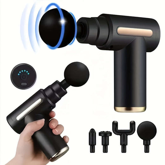 Black massage gun with attachments on a white background