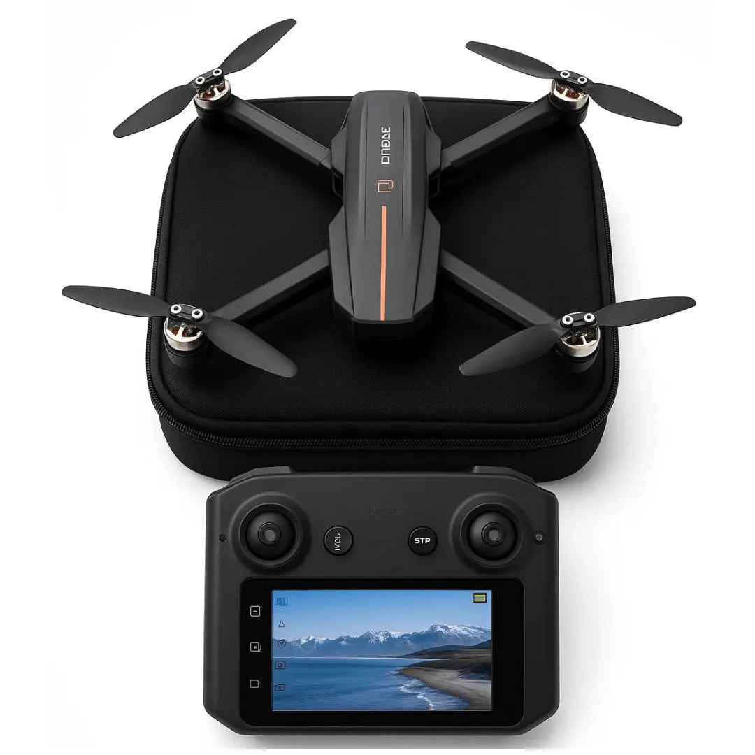 Drone with black carrying case and remote control on a white background