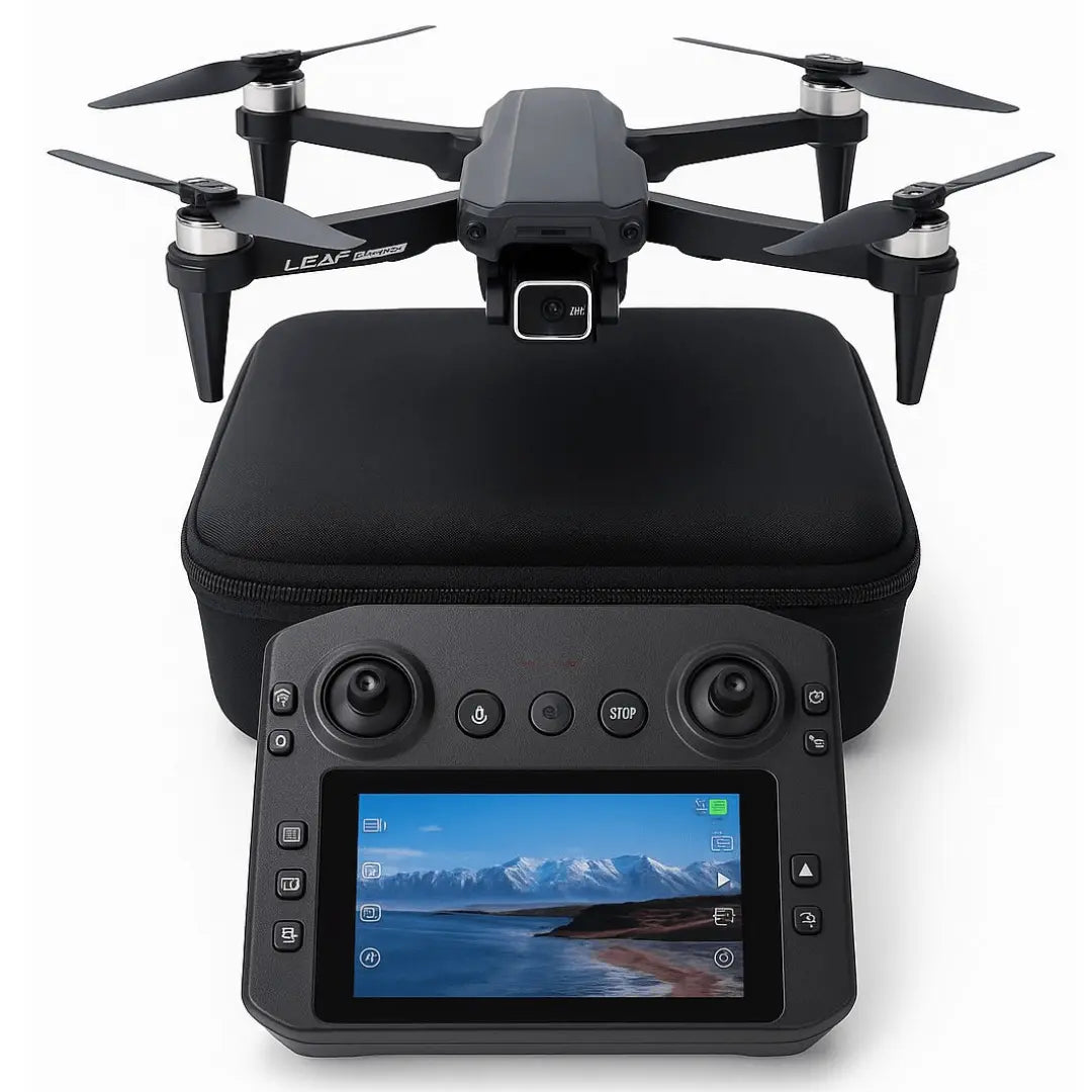 Drone with black carrying case and remote control on a white background