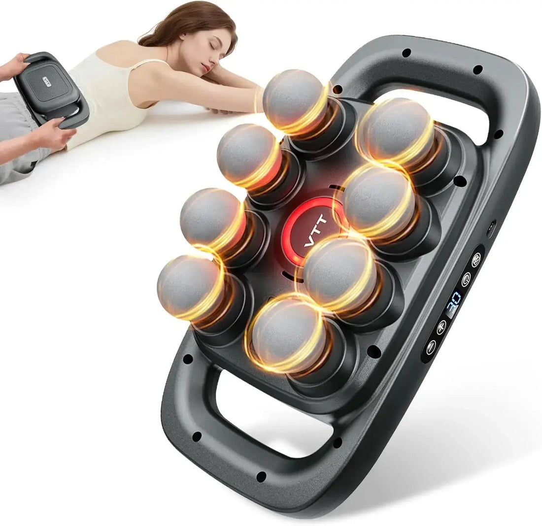 Massage device with glowing rollers on a white background