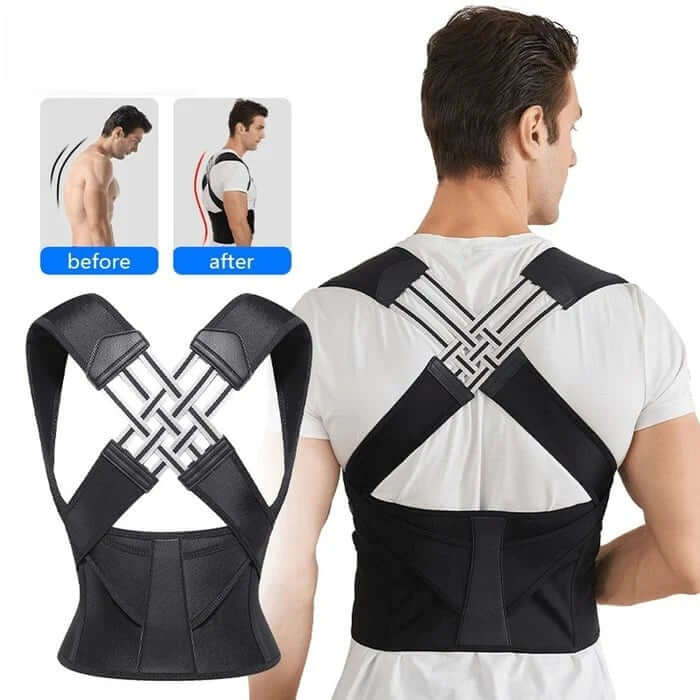 A black posture support back brace is shown with a man wearing it, demonstrating before and after posture.Adjustable Posture Corrector Belt sidhu hub