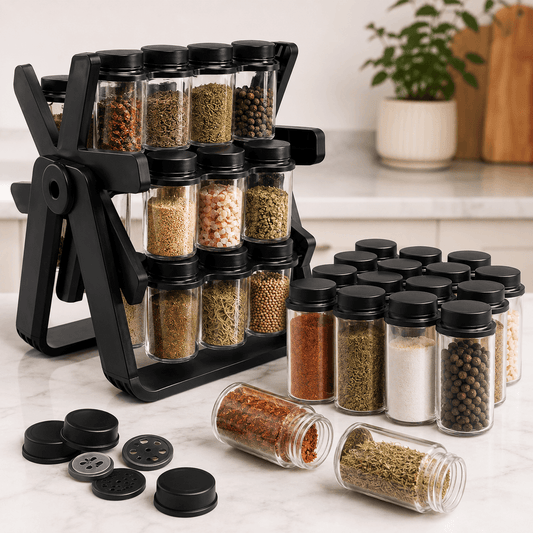 A black multi-tier spice rack filled with clear glass spice jars containing various ground and whole spices, shown on a light marble countertop with a potted plant in the background. spice rack organizer with jars