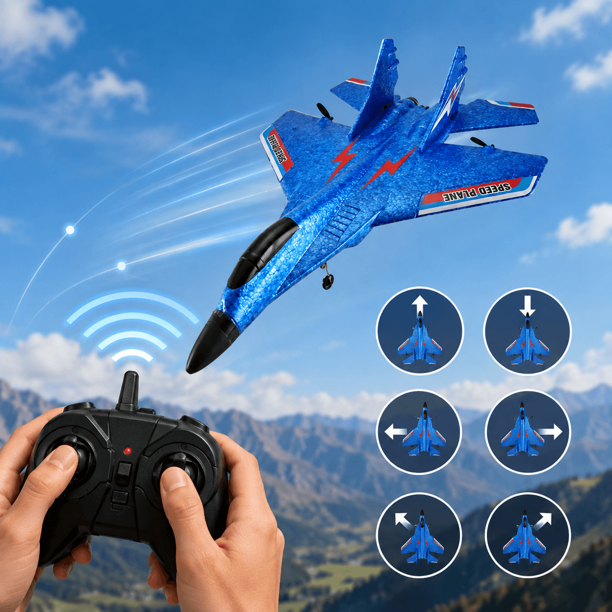 A blue remote-controlled fighter jet toy is shown flying against a mountainous sky background, with a person's hands holding a black remote control in the lower left and six circular control diagrams on the right.