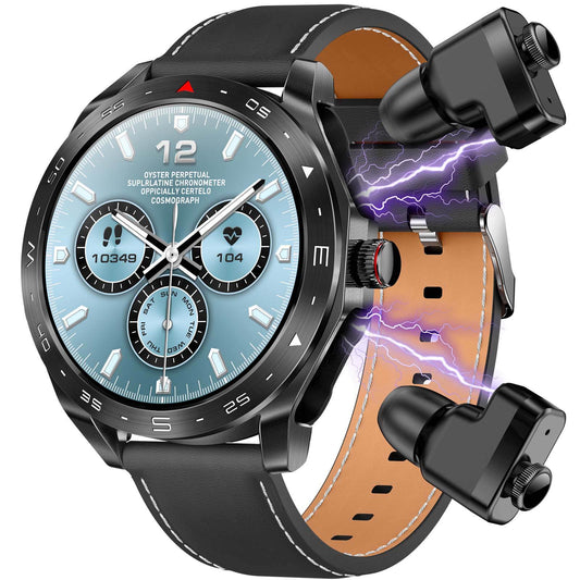 Smartwatch with a leather strap and phone holder on a white background