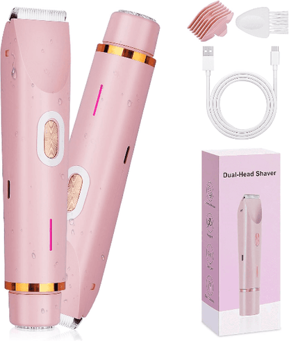 Pink dual-head shaver with accessories and packaging on a white background. 2 in 1 Dual Head Shaver Women