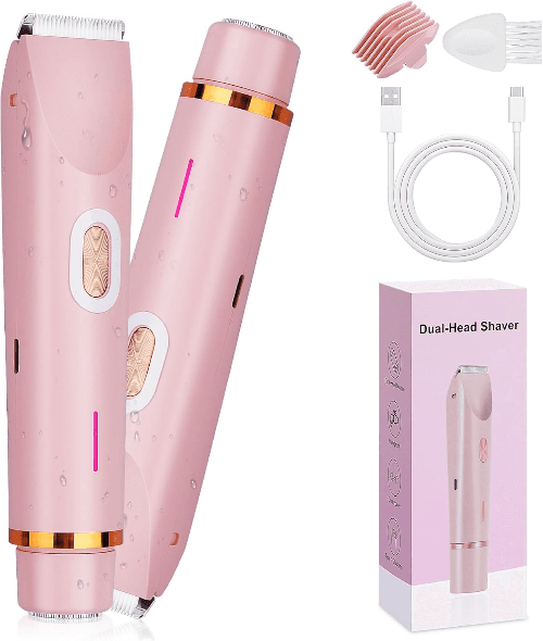 Pink dual-head shaver with accessories and packaging on a white background. 2 in 1 Dual Head Shaver Women