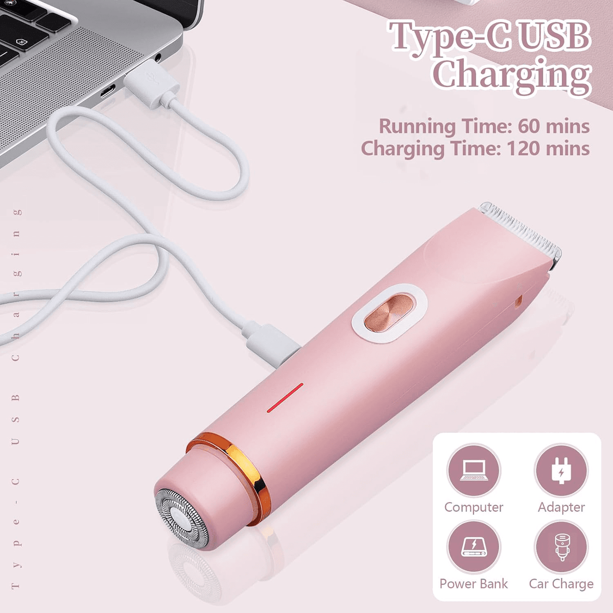 Pink electronic device being charged via USB cable with charging time details on a light pink background.. 2 in 1 Dual Head Shaver Women
