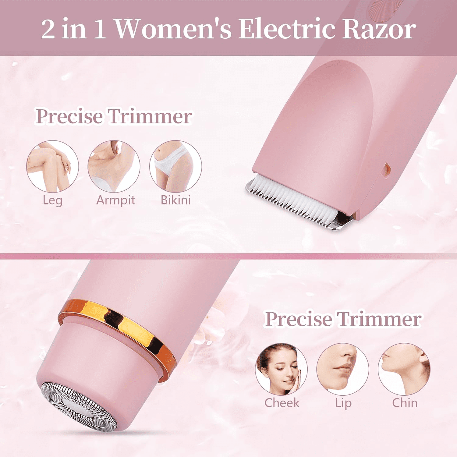 2-in-1 women's electric razor with precise trimmer heads on a pink background.2 in 1 Dual Head Shaver Women