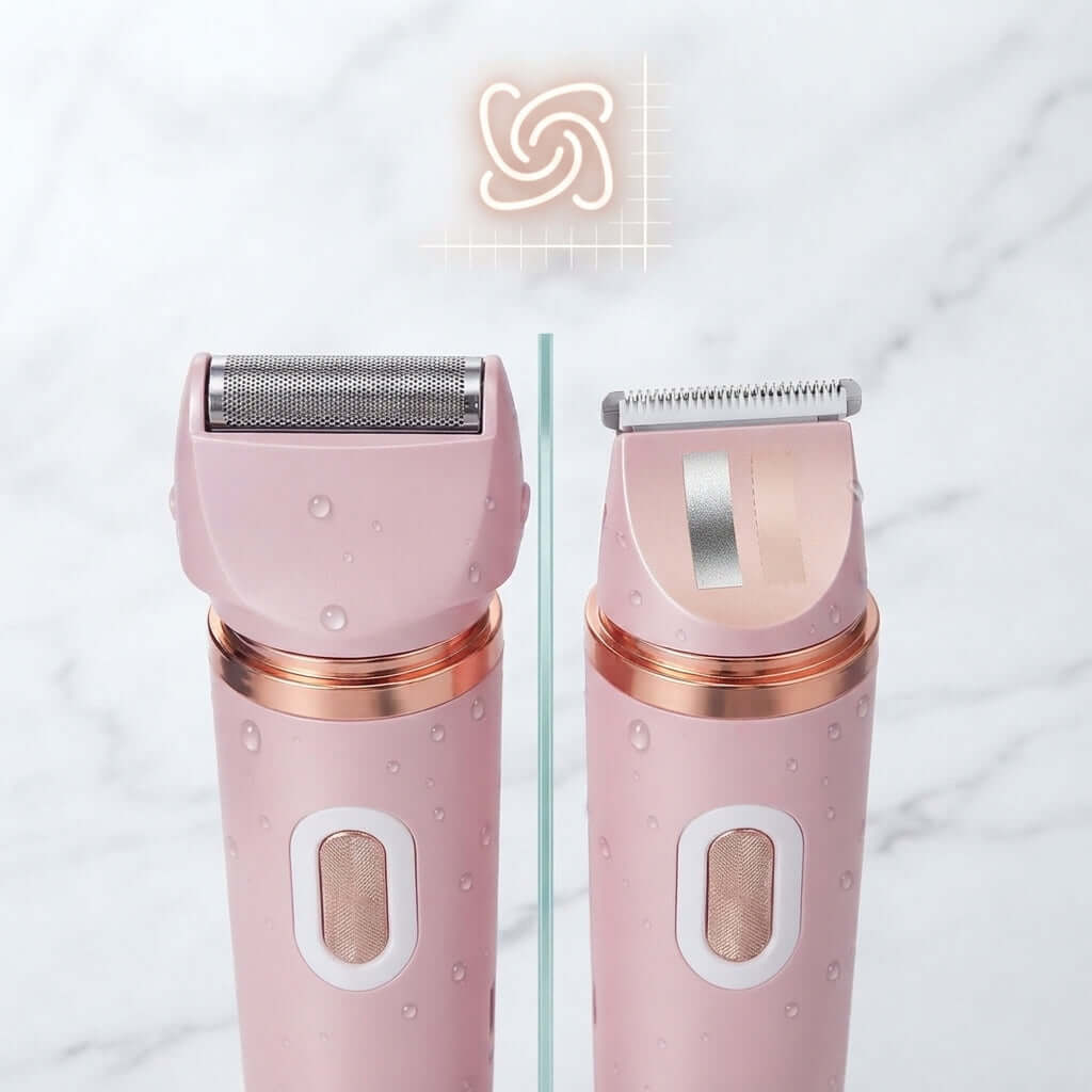 Two pink electric grooming devices with rose-gold metallic accents and water droplets, shown side by side on a light marble background. One has a multi-tooth shaving roller and the other shows a close-up of the shaving blade mechanism.