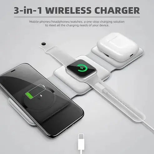 Foldable 3-in-1 charger shown open, closed, and as individual charging pads.White electronic device with charging cable on a white background.3-in-1 Foldable Wireless Charger Pad
