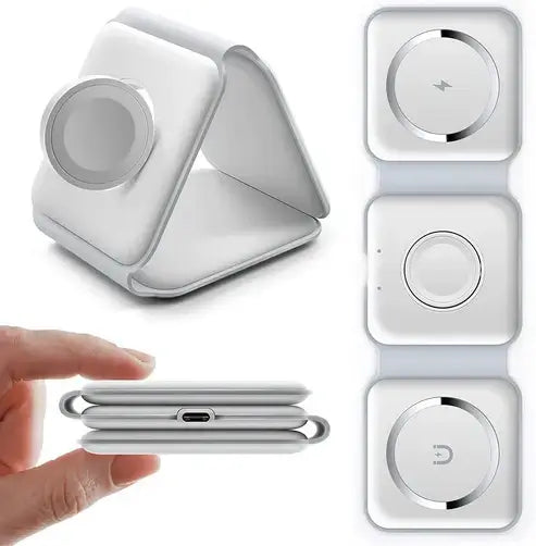 White electronic device with charging cable on a white background