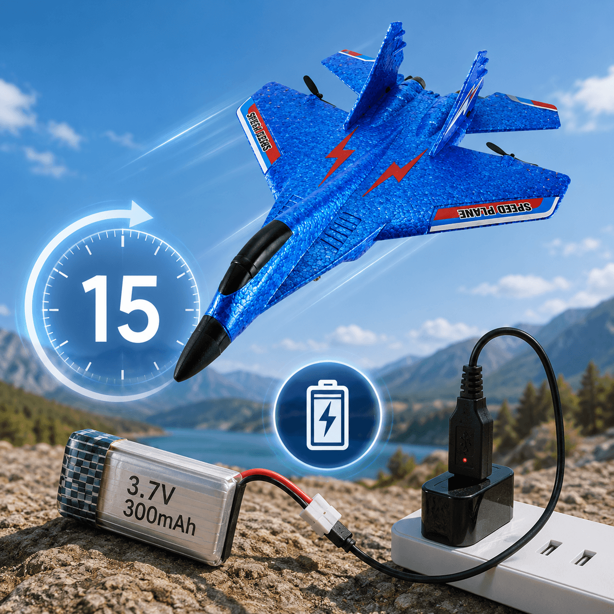 A blue toy fighter plane with orange accents is shown flying above a rocky outdoor landscape with mountains and water. A charging battery, cable, and wall outlet are placed in the foreground, with glowing icons indicating 15-second flight time and battery charging.