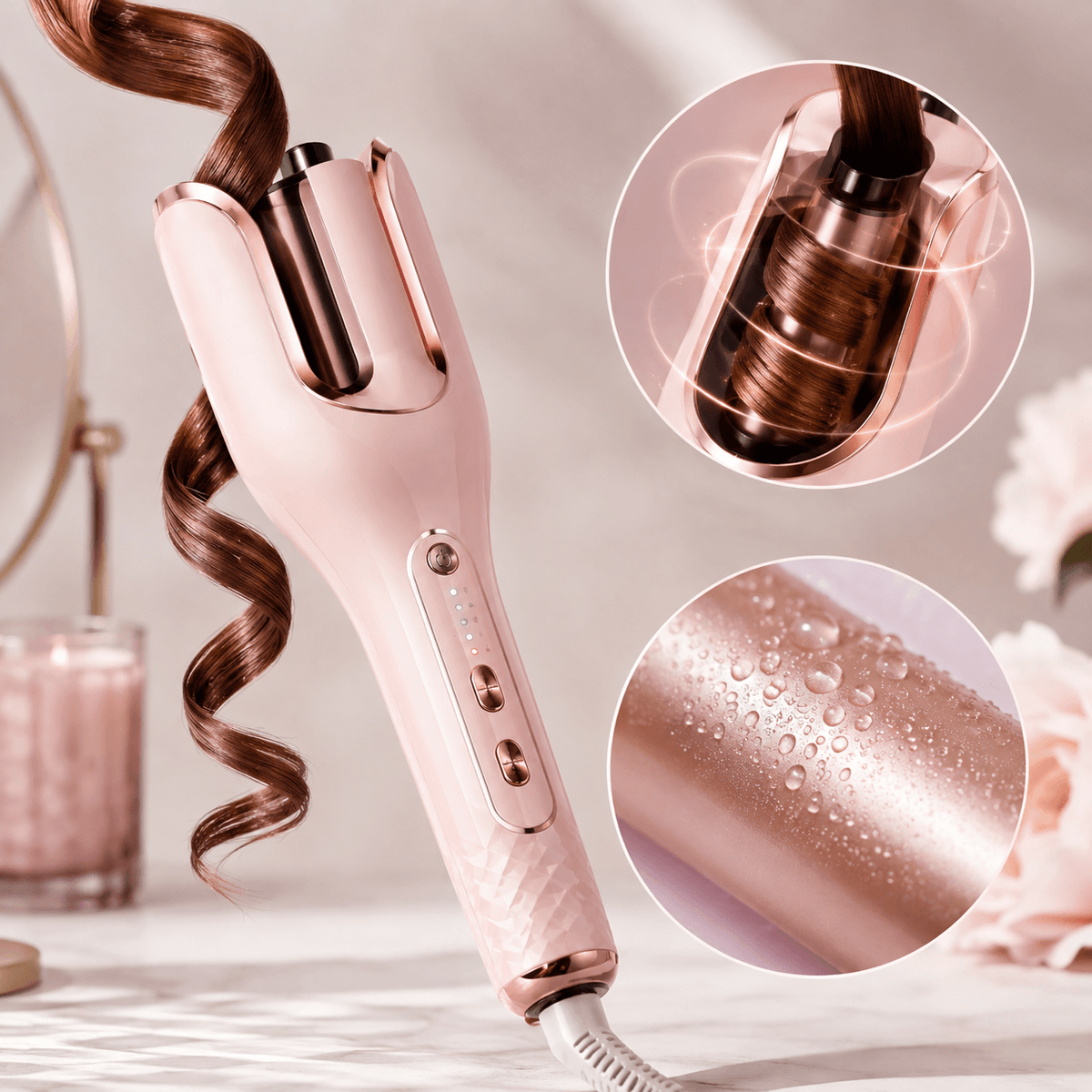 A pink and rose gold automatic curling iron shown with a curled section of brown hair, featuring two circular inset close-ups highlighting the curling mechanism and water-resistant finish.