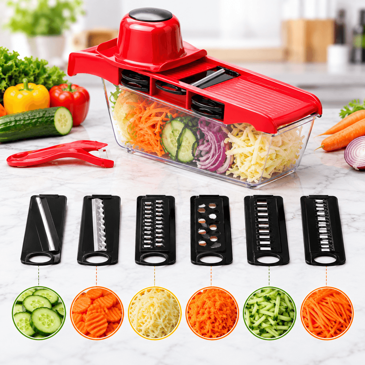 A red and clear manual vegetable chopper with multiple black blade attachments displayed on a marble countertop, with vegetables and shredded produce shown both inside the chopper and as circular insets below illustrating different blade functions.mandoline vegetable slicer and cutter