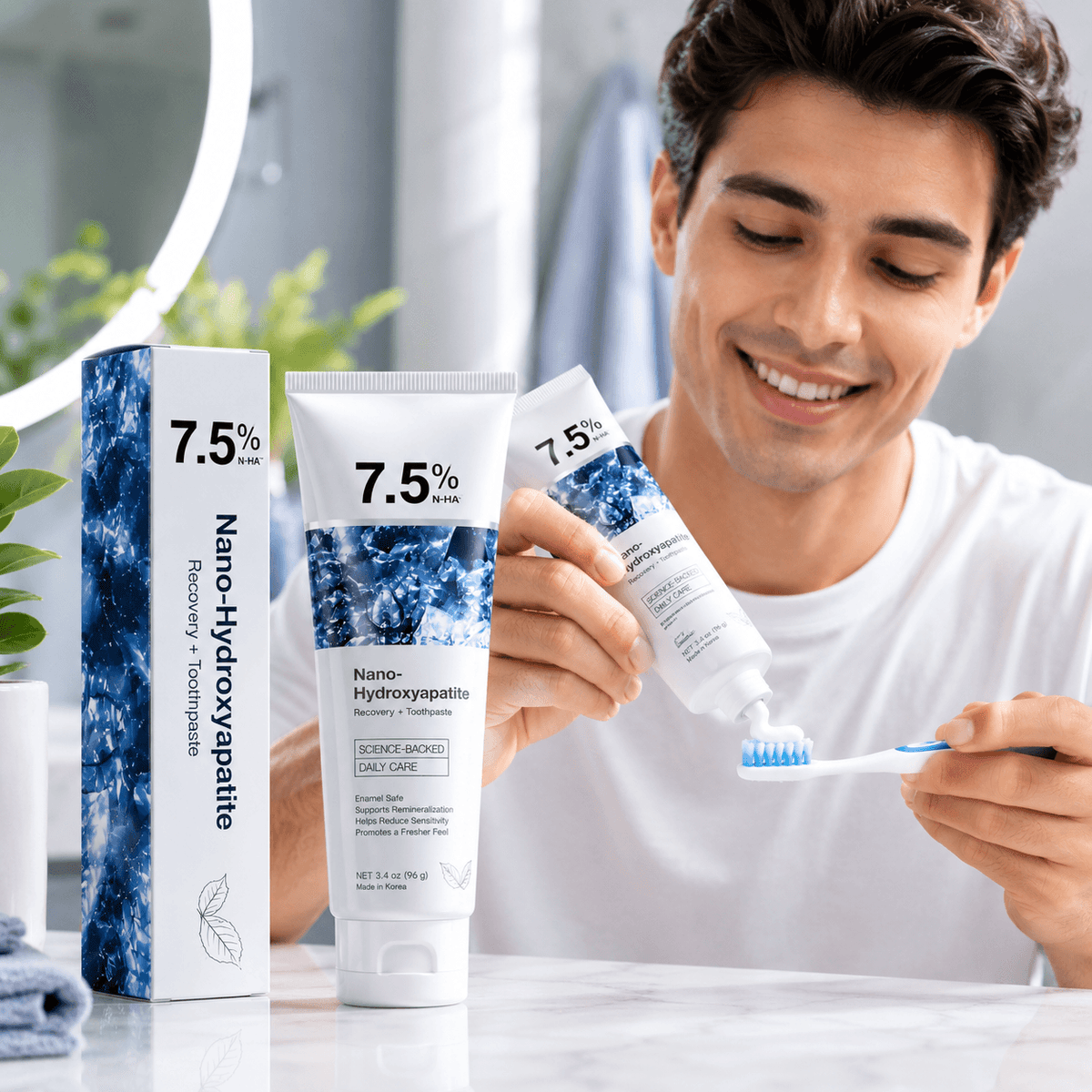 A smiling man in a white t-shirt holds a tube of Nano-Hydroxyapatite toothpaste next to its box and a toothbrush, set in a bright, modern bathroom environment.