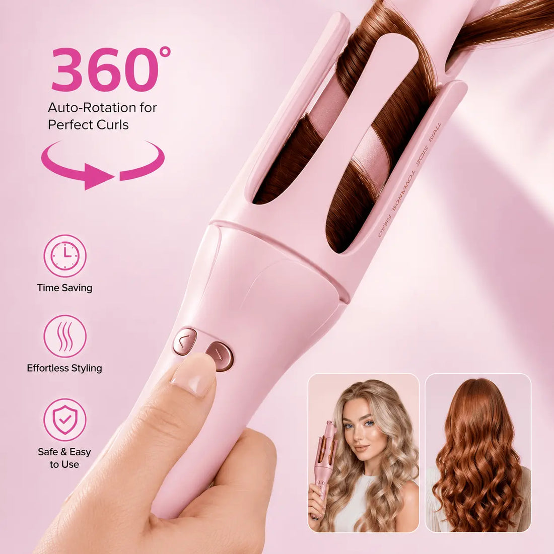 A pink 360-degree automatic curling iron shown being used, with a hand holding the handle and brown hair entering the curling plates. The image includes marketing text on the left ('360° Auto-Rotation for Perfect Curls' and feature icons) and two small inset photos on the bottom right showing before/after styled hair results. automatic curling iron for salon-quality curls
