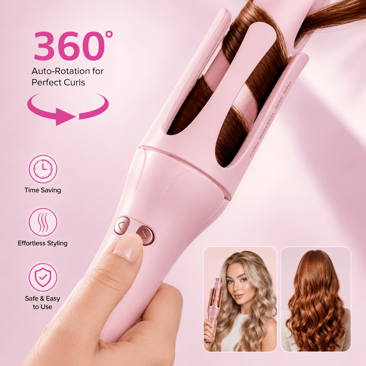 A pink 360-degree automatic curling iron shown being used, with a hand holding the handle and brown hair entering the curling plates. The image includes marketing text on the left ('360° Auto-Rotation for Perfect Curls' and feature icons) and two small inset photos on the bottom right showing before/after styled hair results. automatic curling iron for salon-quality curls