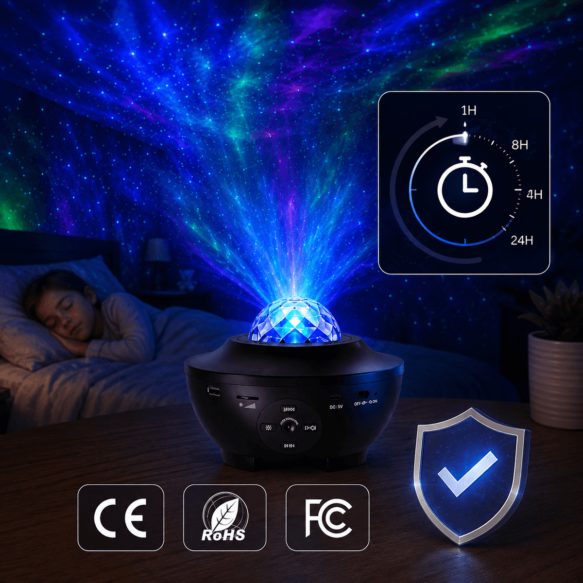 A black star projector lamp sits on a table in a bedroom, casting colorful galaxy-like light beams across the ceiling above a sleeping person. The product has a crystal ball top, control buttons on the front, and several graphic overlays showing a timer setting and certification logos.
