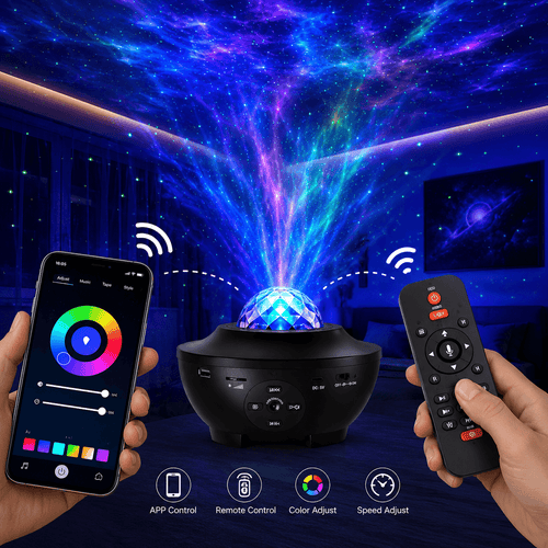 A black LED star projector lamp shown with a smartphone app control screen on the left, a wireless remote on the right, and a glowing multicolor starburst effect projecting from the top of the lamp. Two hands are holding the phone and remote in a dark room with a galaxy-patterned ceiling.