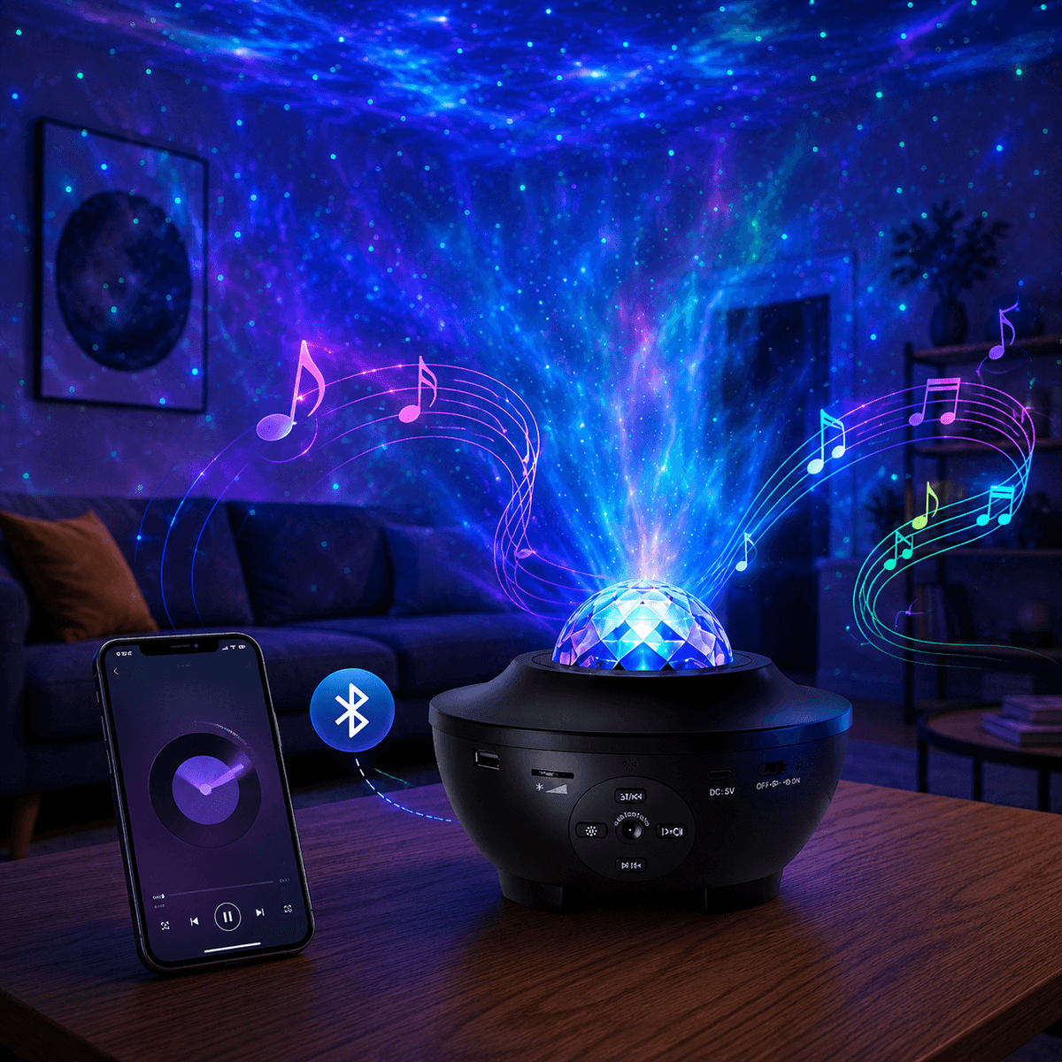 A black Bluetooth star projector lamp sits on a wooden table in a living room, projecting a colorful galaxy sky with musical notes and stars. A smartphone displaying a music app is shown beside it, with a Bluetooth icon indicating connectivity.