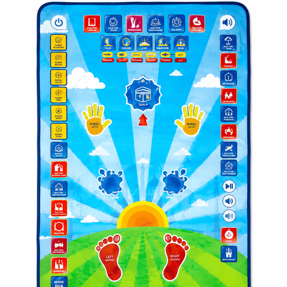A colorful children's interactive learning mat with a blue border, sunburst sky, green grass, red footprints, yellow handprints, and many small colored icons arranged around the edges. A red oval control pad with buttons sits in front of the mat. Interactive Islamic prayer mat for kids