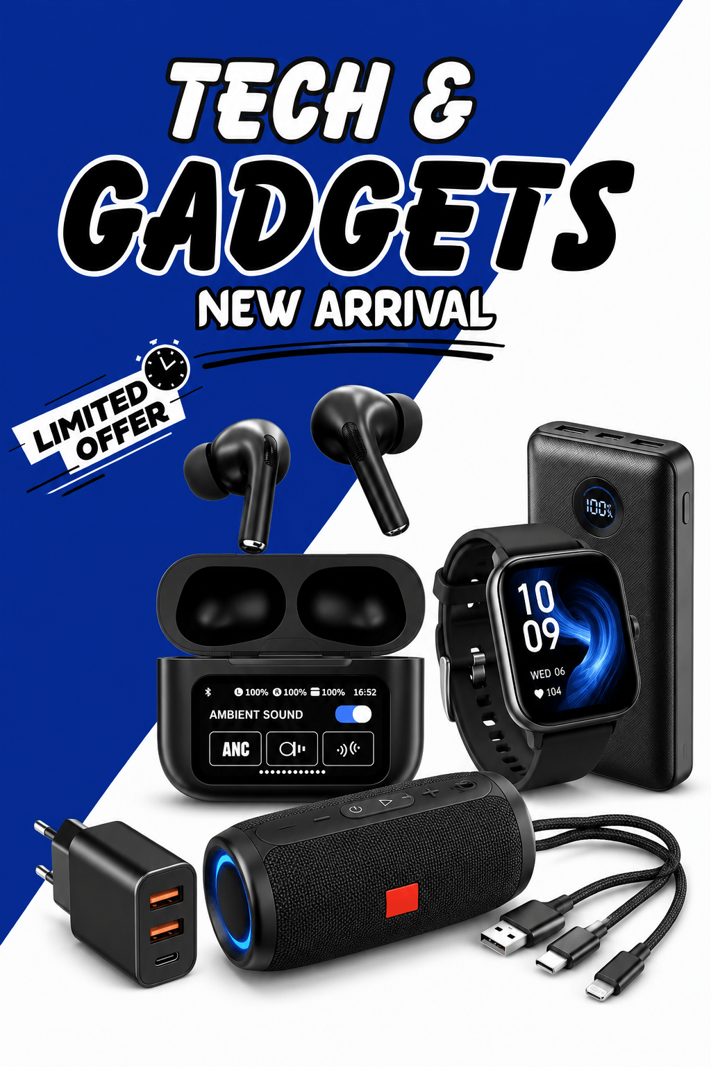 Promotional graphic for a tech and gadgets new arrival bundle, featuring black wireless earbuds in a charging case, a smartwatch with a blue display, a cylindrical portable speaker with blue LED accents, a dual USB charger, and cables, set against a blue and white diagonal background with 'TECH & GADGETS NEW ARRIVAL' text.