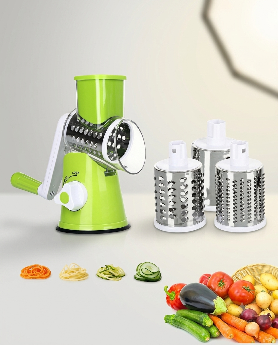 Multifunction Hand Crank Vegetable Cutter & Slicer – 3-in-1 Manual Rotary Grater