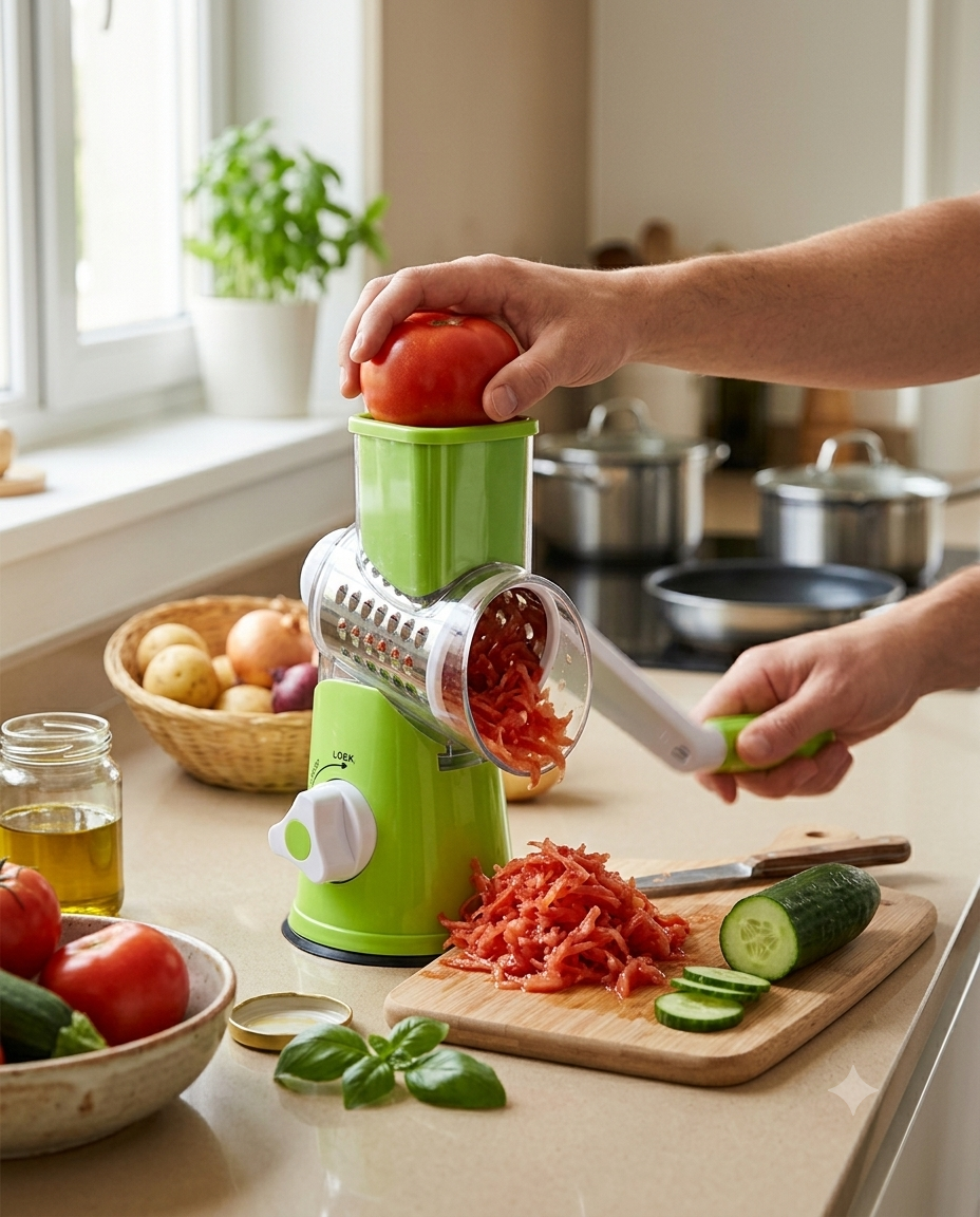 Multifunction Hand Crank Vegetable Cutter & Slicer – 3-in-1 Manual Rotary Grater