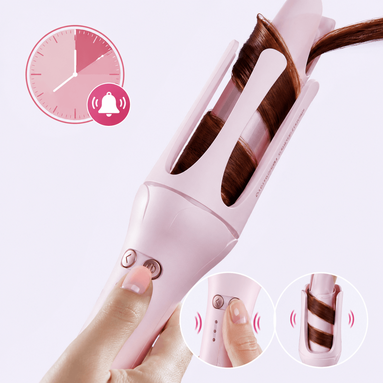 A pink automatic curling iron held by a hand, shown curling brown hair. The image includes feature callout graphics showing a timer icon, a notification bell icon, and close-up views of the buttons and curling action.