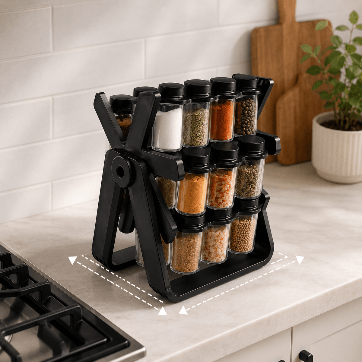 A black multi-tier spice rack holding clear glass jars filled with various spices, shown on a kitchen countertop with a white subway tile backsplash. White dashed arrows indicate the product's width and depth.