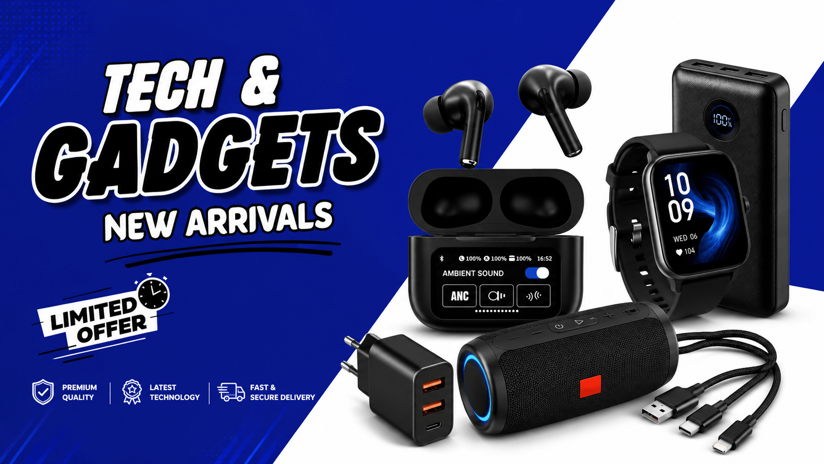 A promotional collage for tech and gadgets showing several black electronic accessories: wireless earbuds in a charging case, a smartwatch with a black strap and display, a portable speaker, a USB charger, and cables, arranged on a blue and white graphic background with the text 'TECH & GADGETS NEW ARRIVALS' and 'LIMITED OFFER'.