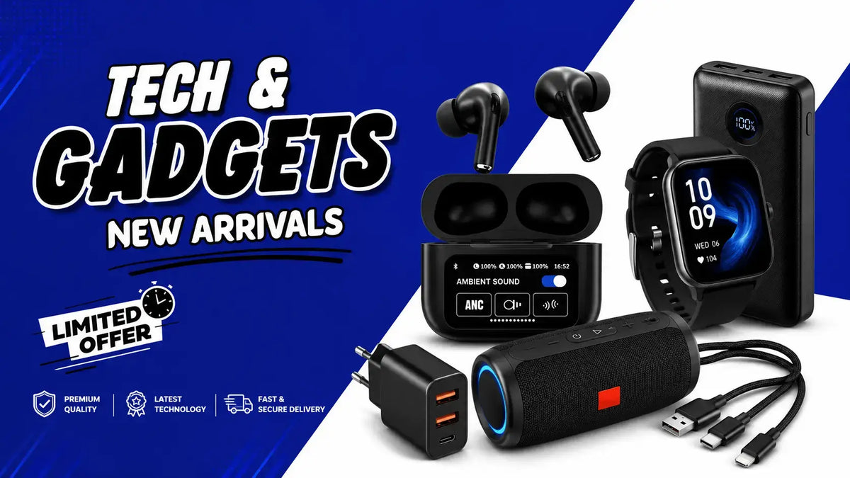 Promotional graphic for a tech and gadgets new arrival bundle, featuring black wireless earbuds in a charging case, a smartwatch with a blue display, a cylindrical portable speaker with blue LED accents, a dual USB charger, and cables, set against a blue and white diagonal background with 'TECH & GADGETS NEW ARRIVAL' text.1621243260e1af0c20-0