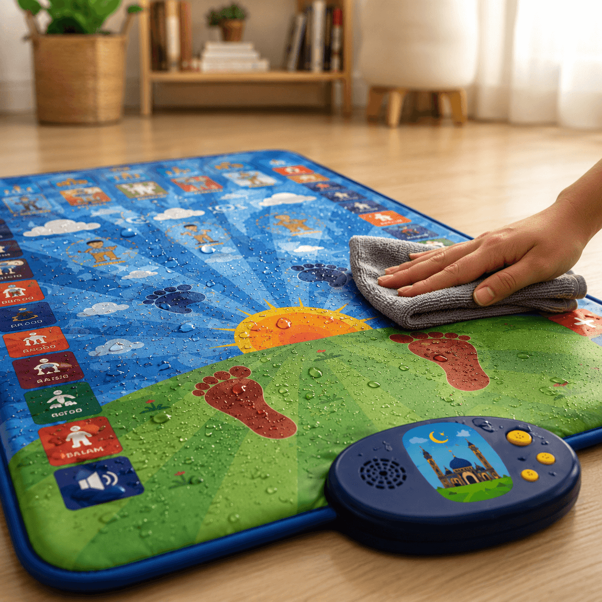 A colorful children's floor mat with a blue remote control, shown on a wooden floor with a hand wiping it with a cloth. The mat features a bright blue sky and green grass design with various activity icons on the left side.